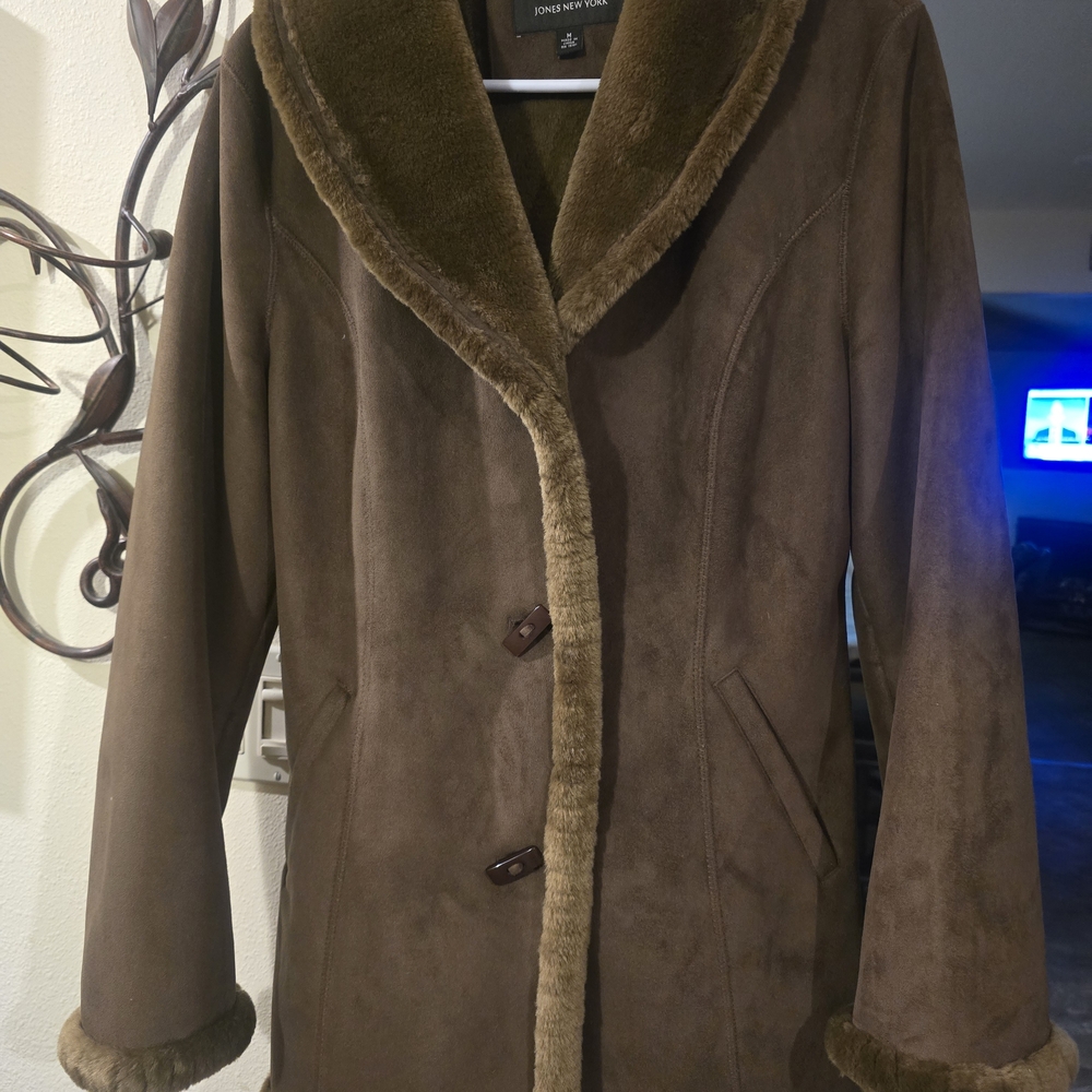 Jones New York Brown Teddy Jacket with Faux Fur Trim